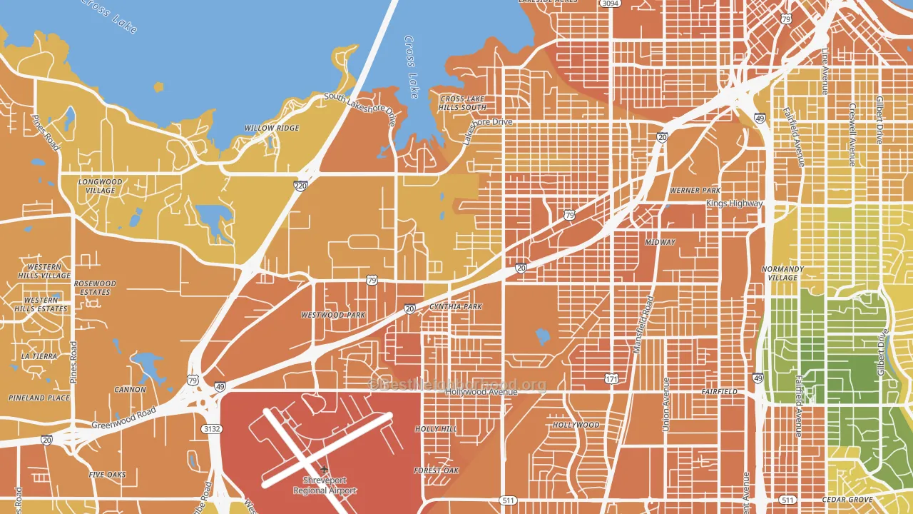 Map of the best neighborhoods in the 71109 area, with better matches in green and worse matches in red