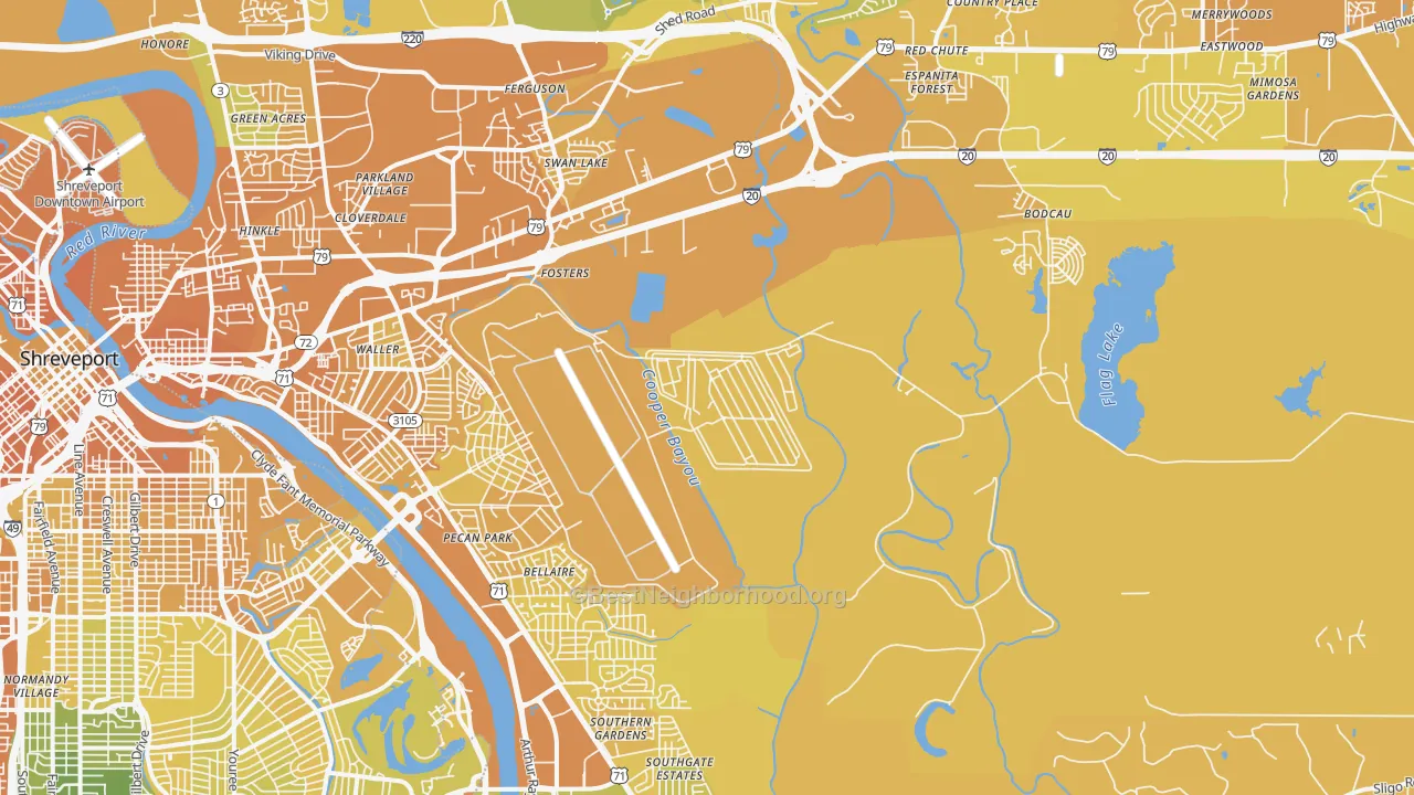 Map of the best neighborhoods in the 71110 area, with better matches in green and worse matches in red
