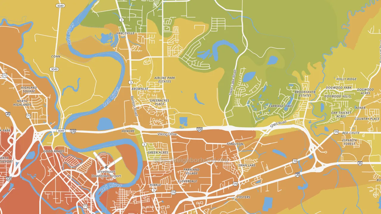 Map of the best neighborhoods in the 71111 area, with better matches in green and worse matches in red