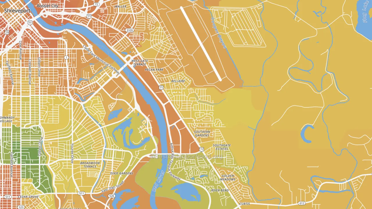 Map of the best neighborhoods in the 71112 area, with better matches in green and worse matches in red