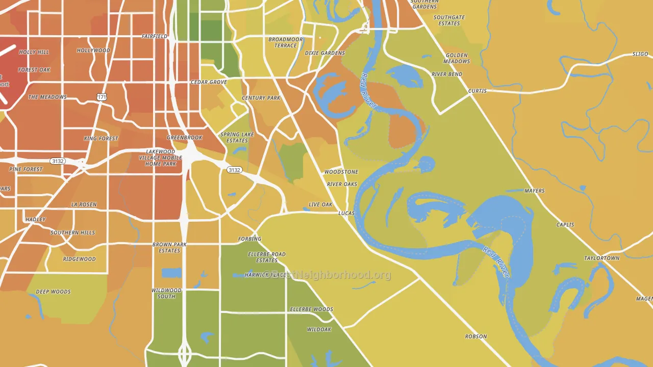 Map of the best neighborhoods in the 71115 area, with better matches in green and worse matches in red
