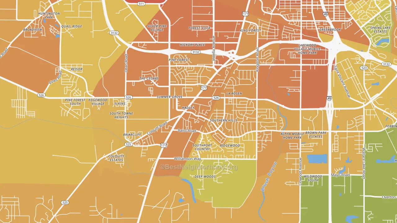 Map of the best neighborhoods in the 71118 area, with better matches in green and worse matches in red