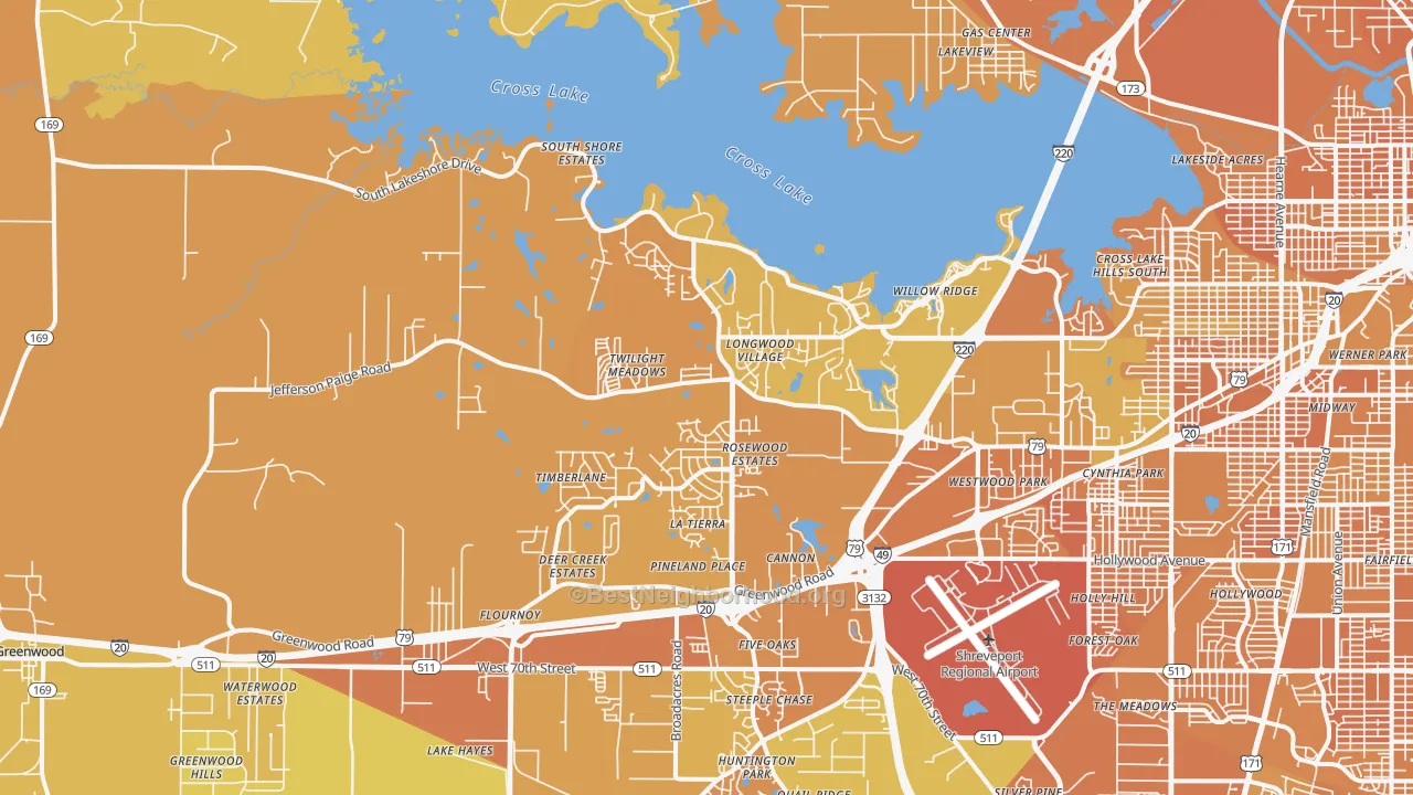 Map of the best neighborhoods in the 71119 area, with better matches in green and worse matches in red