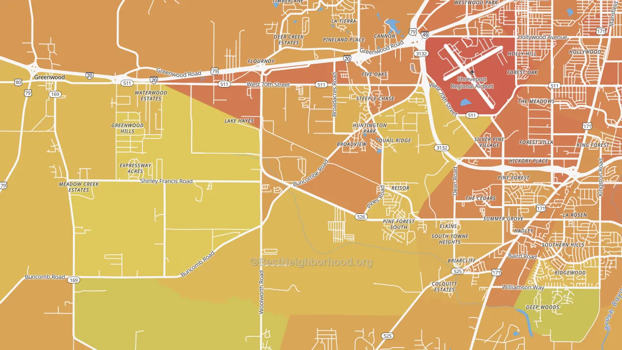 Map of the best neighborhoods in the 71129 area, with better matches in green and worse matches in red