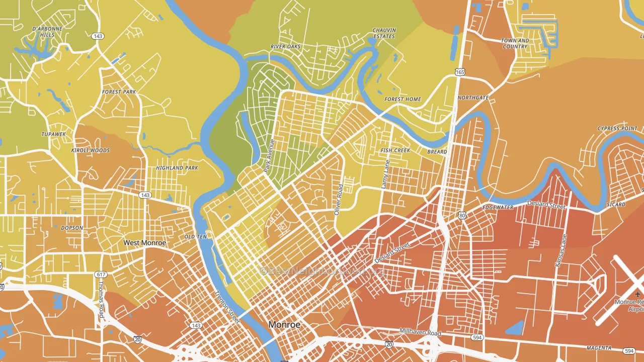Map of the best neighborhoods in the 71201 area, with better matches in green and worse matches in red