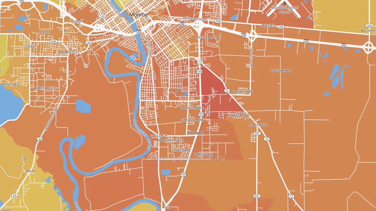 Map of the best neighborhoods in the 71202 area, with better matches in green and worse matches in red