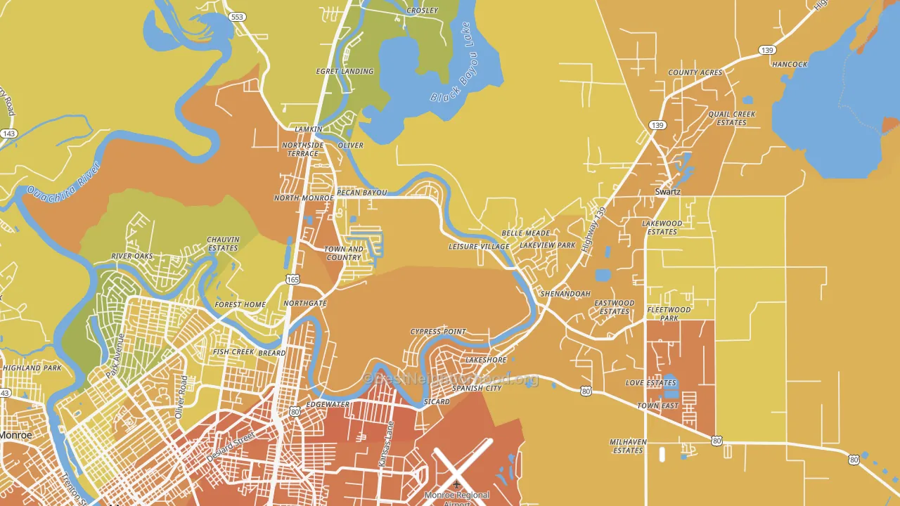 Map of the best neighborhoods in the 71203 area, with better matches in green and worse matches in red