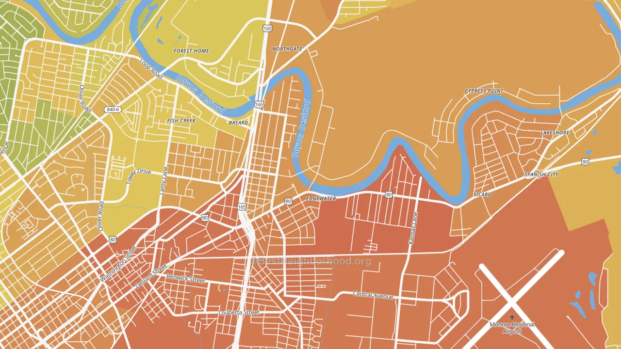 Map of the best neighborhoods in the 71209 area, with better matches in green and worse matches in red