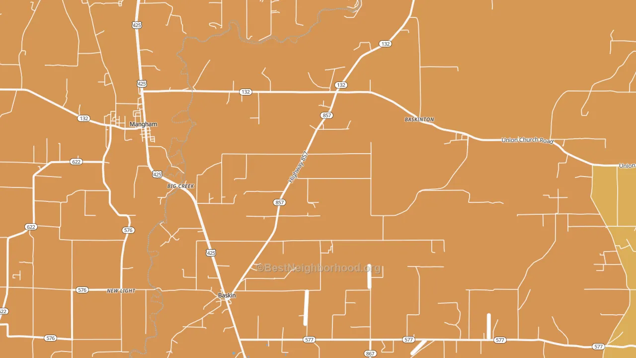 Map of the best neighborhoods in the 71219 area, with better matches in green and worse matches in red