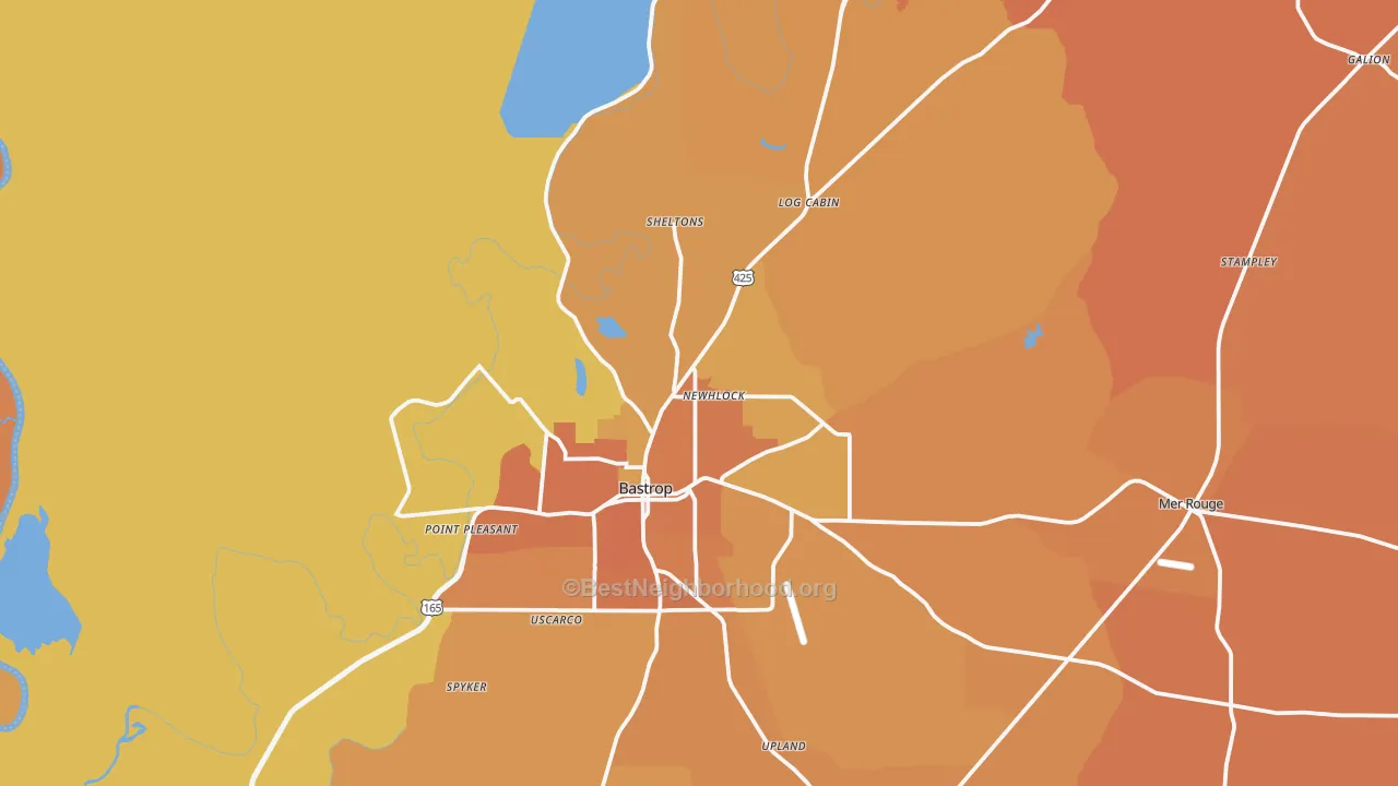 Map of the best neighborhoods in the 71220 area, with better matches in green and worse matches in red