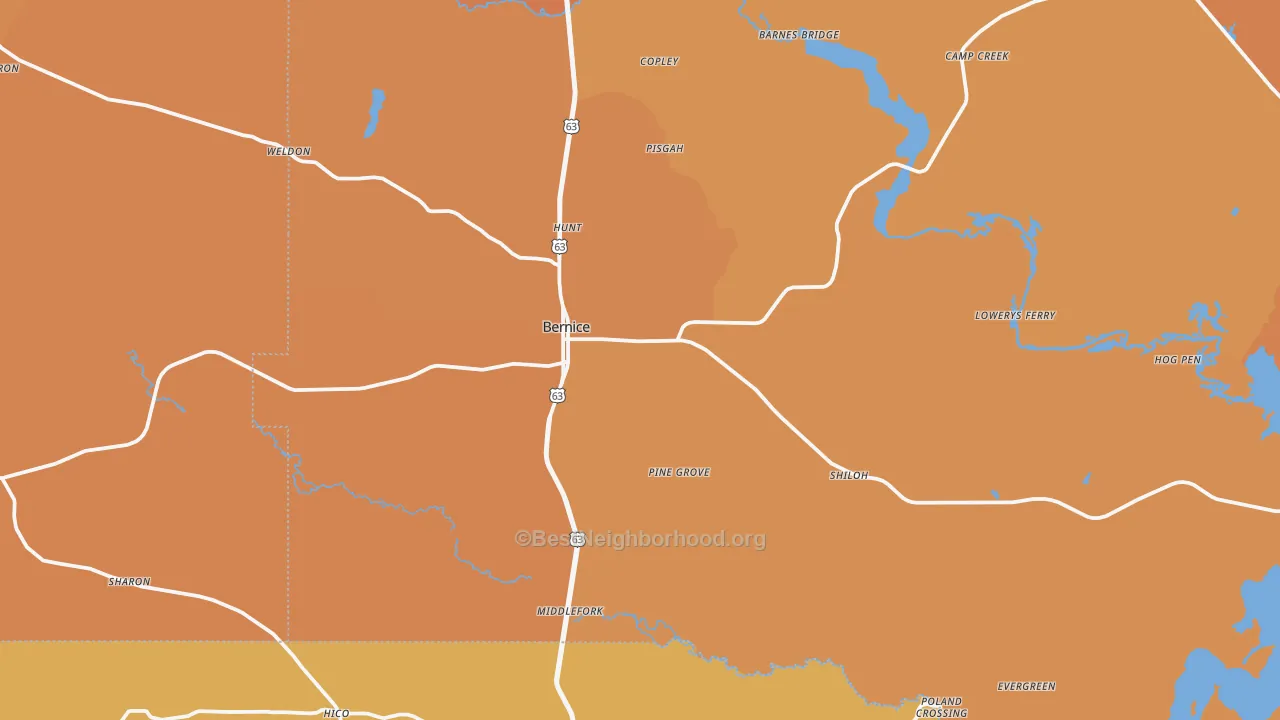 Map of the best neighborhoods in the 71222 area, with better matches in green and worse matches in red