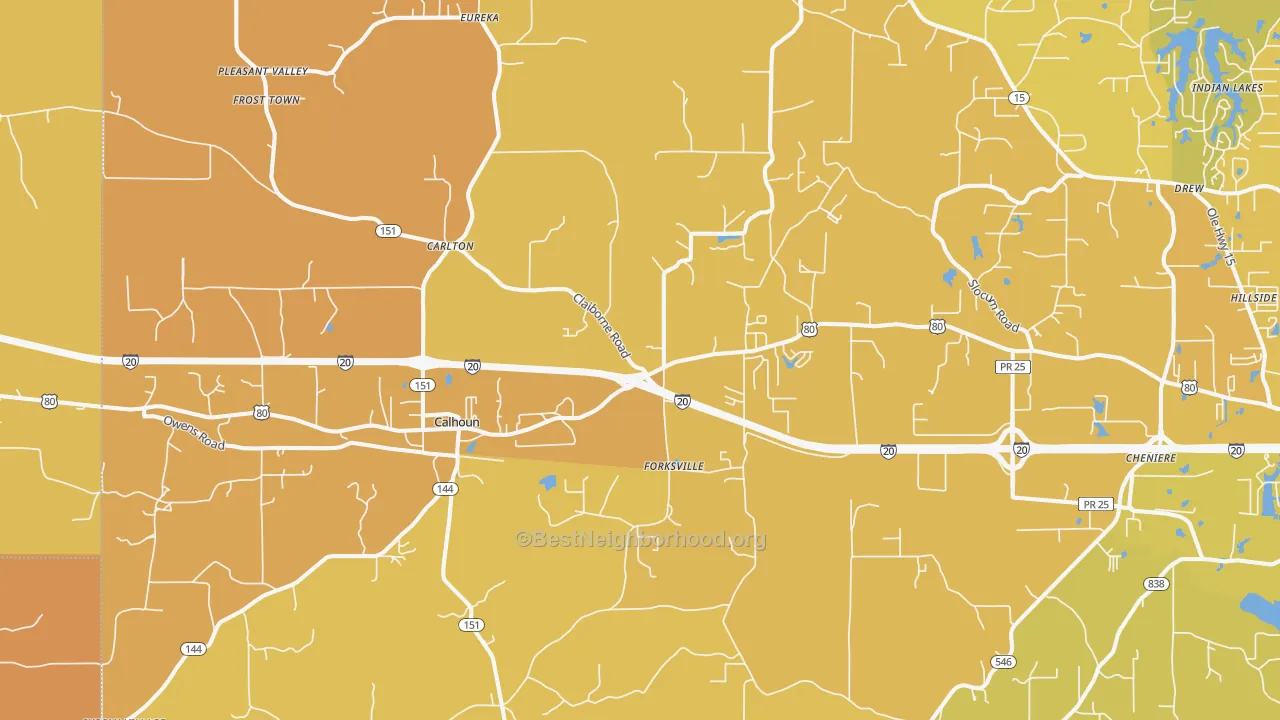 Map of the best neighborhoods in the 71225 area, with better matches in green and worse matches in red