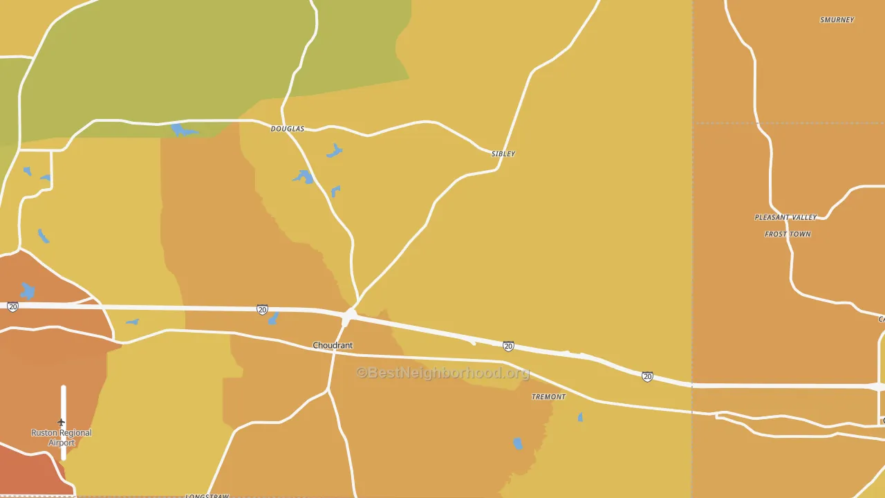 Map of the best neighborhoods in the 71227 area, with better matches in green and worse matches in red