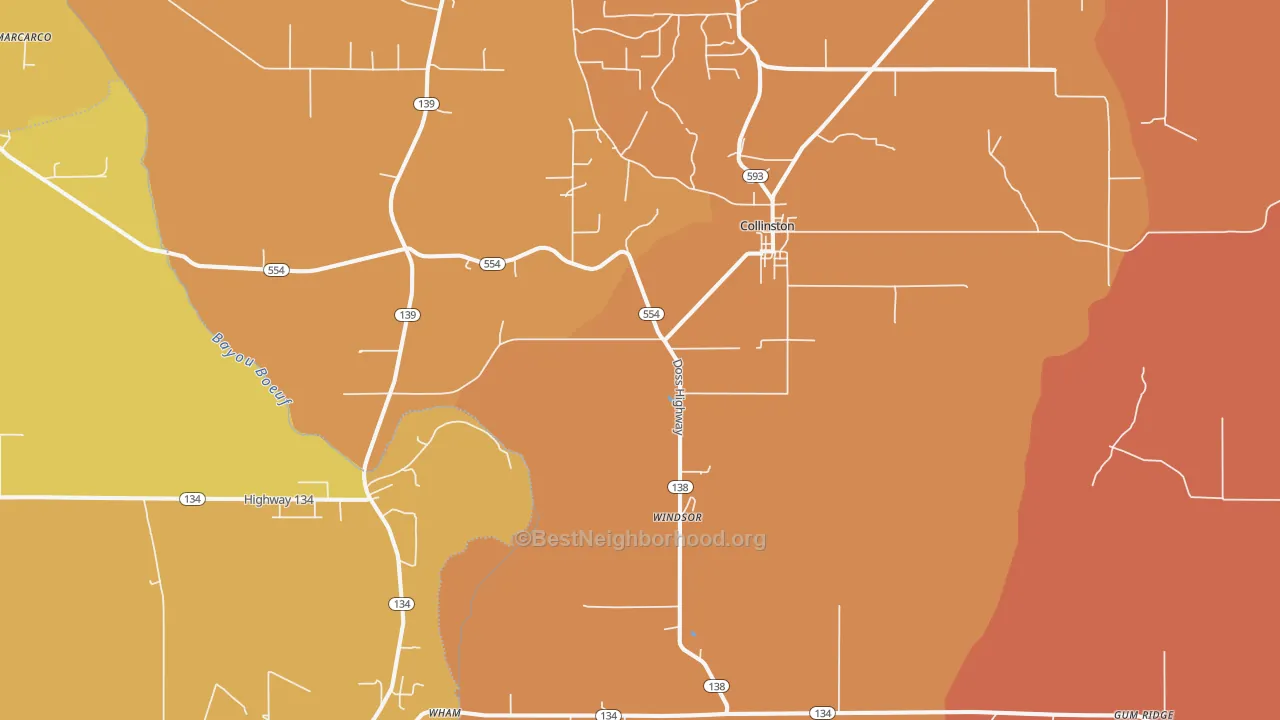Map of the best neighborhoods in the 71229 area, with better matches in green and worse matches in red