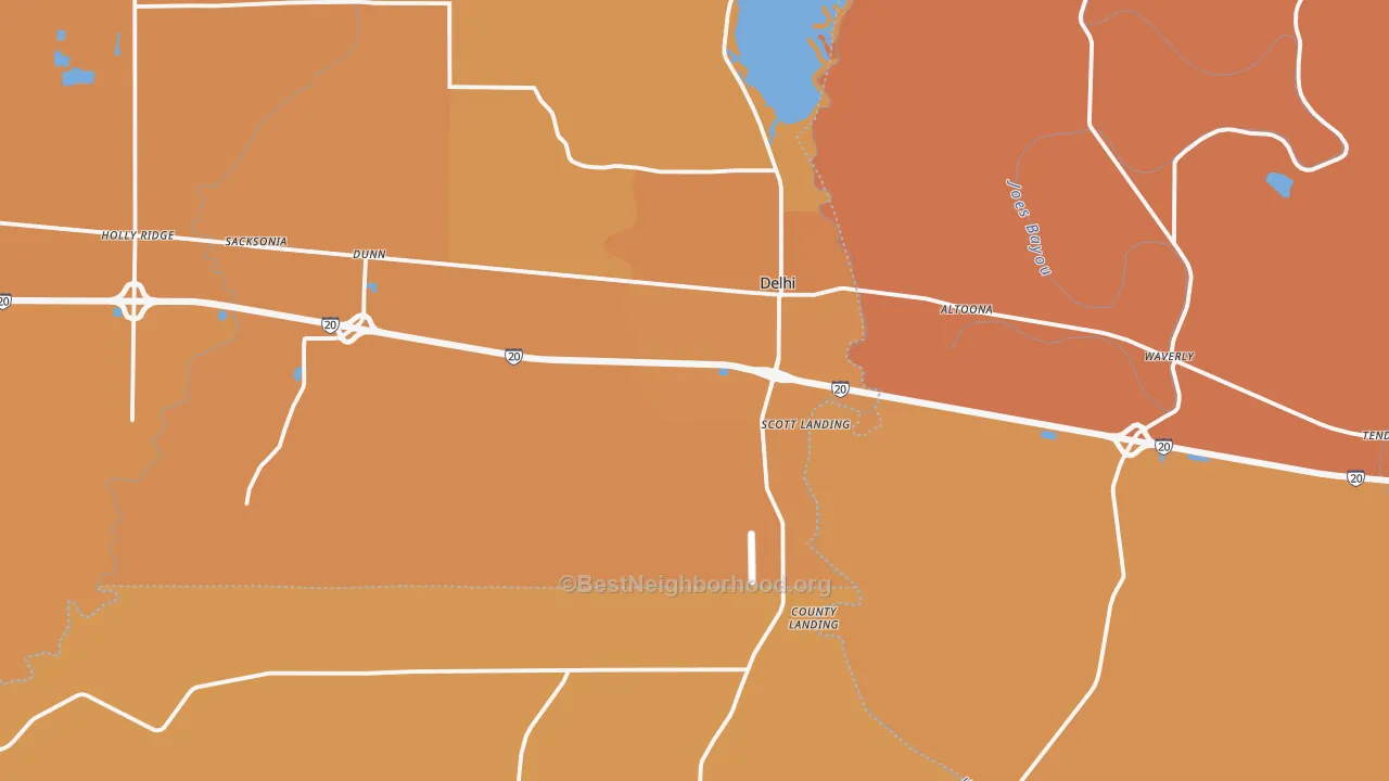 Map of the best neighborhoods in the 71232 area, with better matches in green and worse matches in red