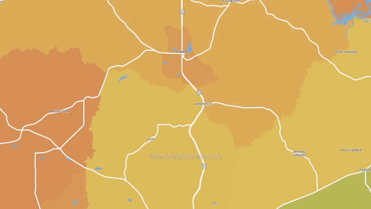 Map of the best neighborhoods in the 71235 area, with better matches in green and worse matches in red