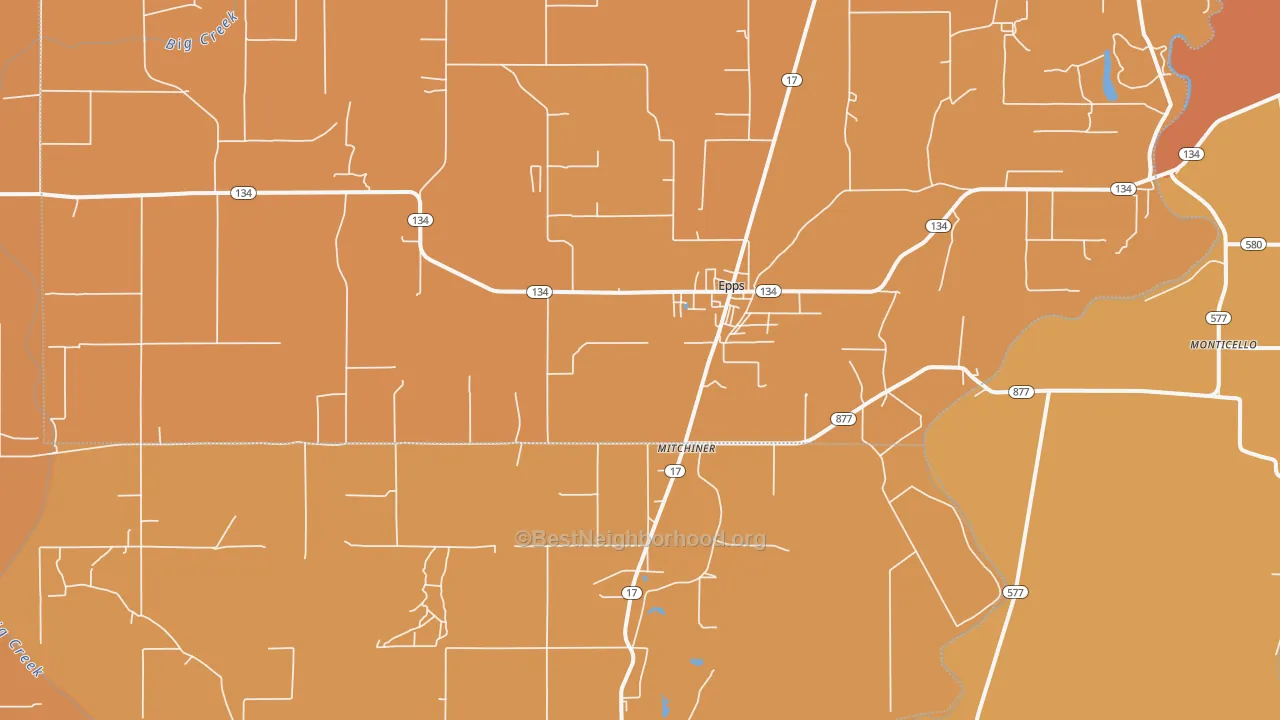 Map of the best neighborhoods in the 71237 area, with better matches in green and worse matches in red