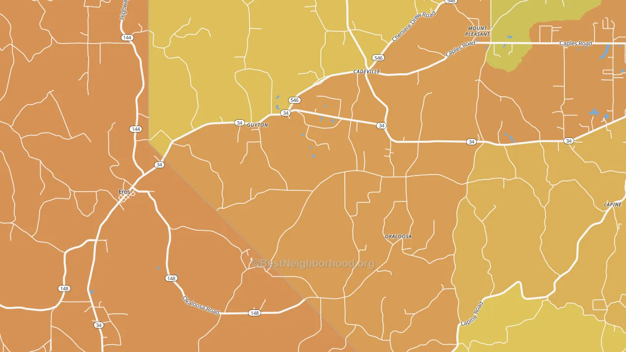 Map of the best neighborhoods in the 71238 area, with better matches in green and worse matches in red