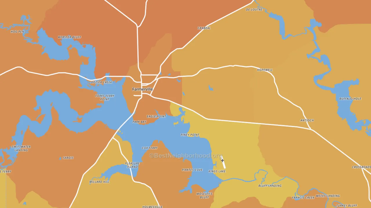 Map of the best neighborhoods in the 71241 area, with better matches in green and worse matches in red
