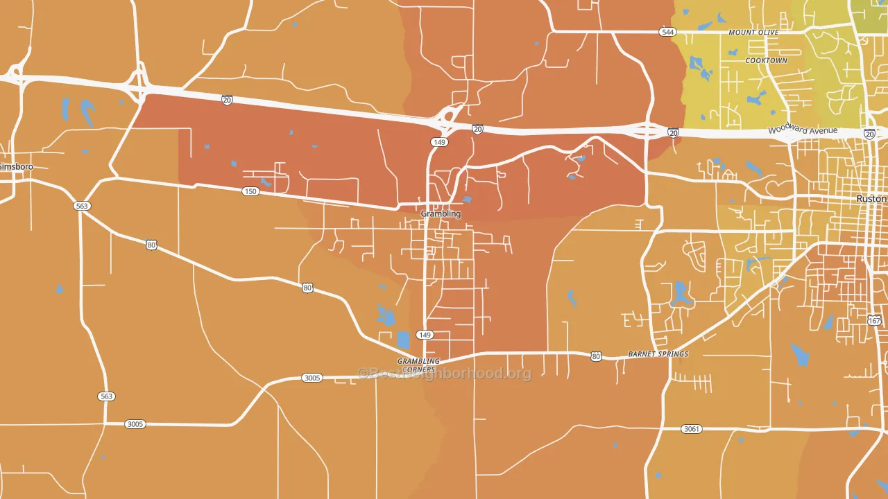 Map of the best neighborhoods in the 71245 area, with better matches in green and worse matches in red