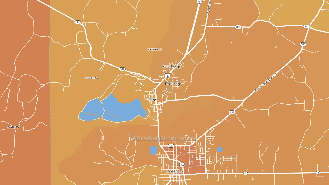 Map of the best neighborhoods in the 71247 area, with better matches in green and worse matches in red