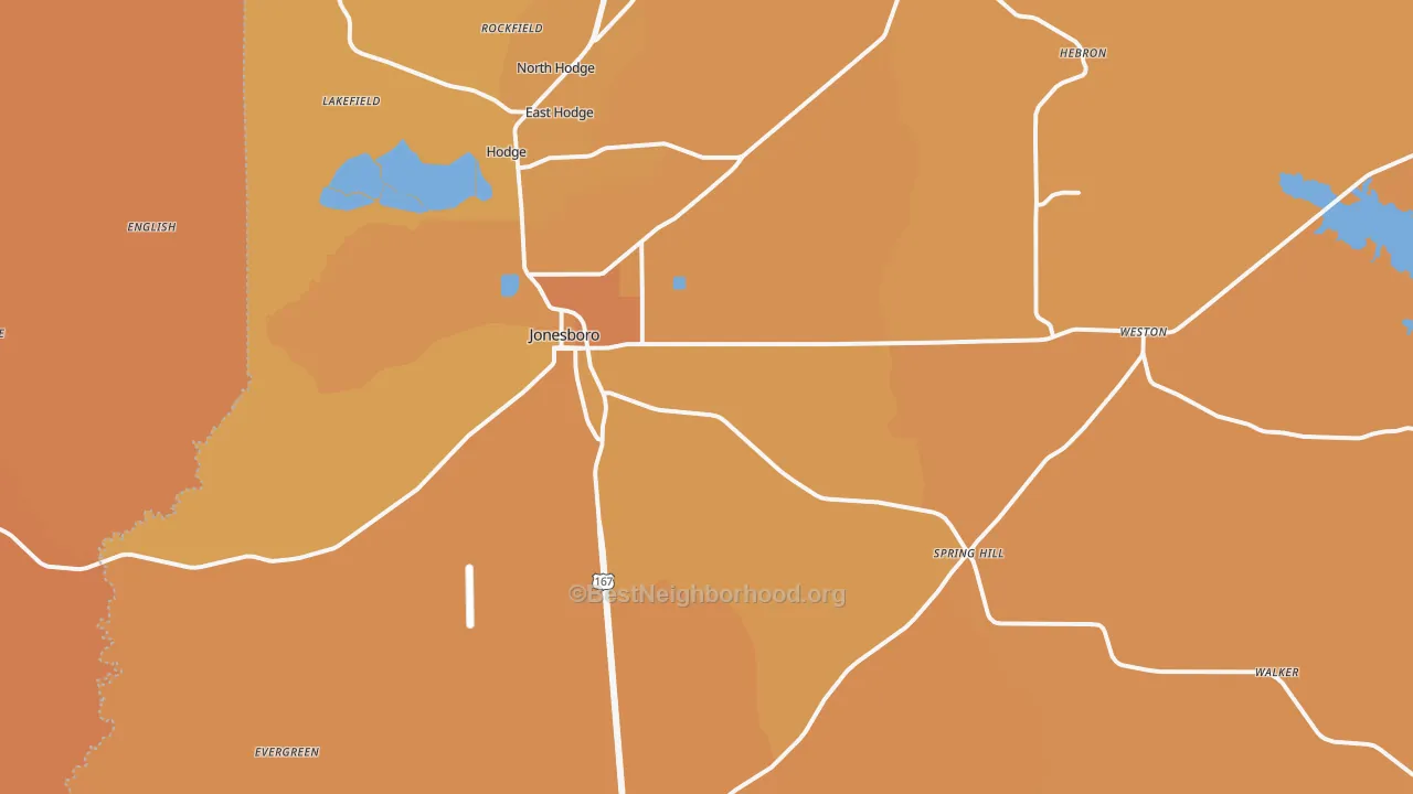 Map of the best neighborhoods in the 71251 area, with better matches in green and worse matches in red