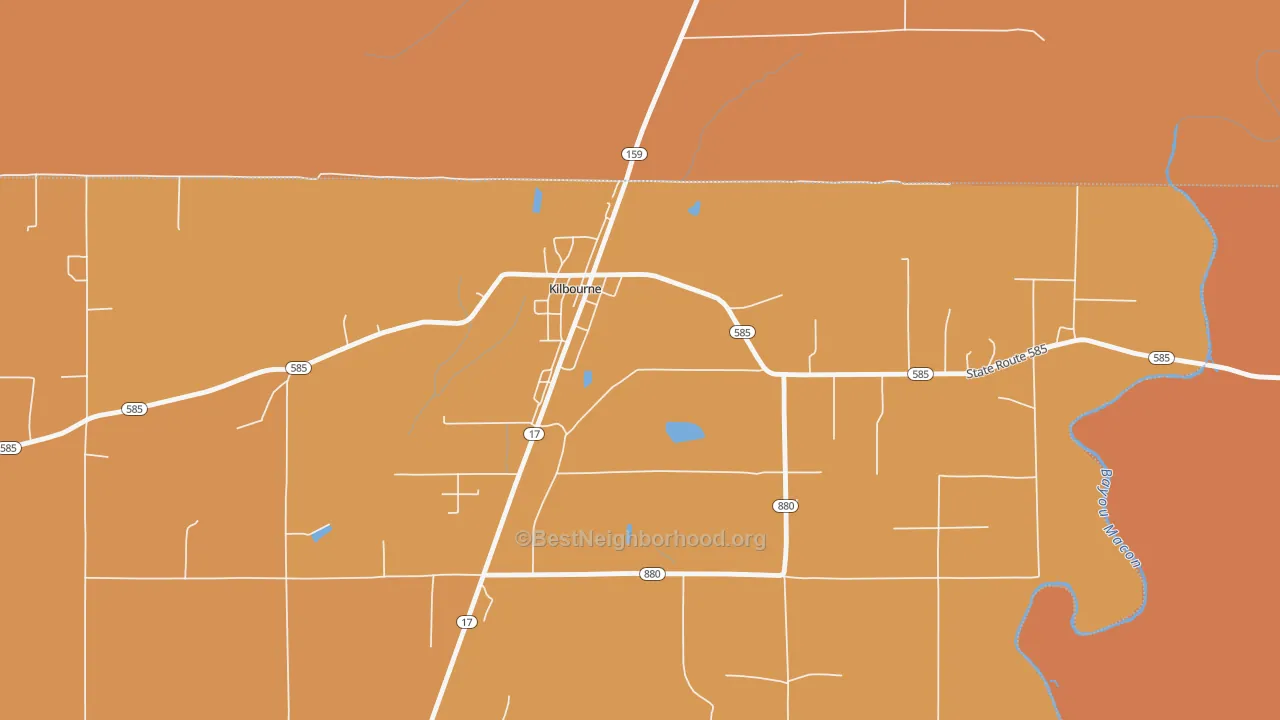 Map of the best neighborhoods in the 71253 area, with better matches in green and worse matches in red