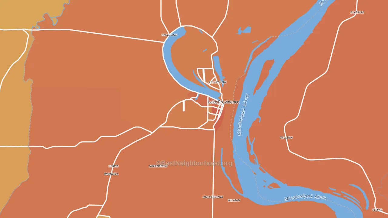 Map of the best neighborhoods in the 71254 area, with better matches in green and worse matches in red