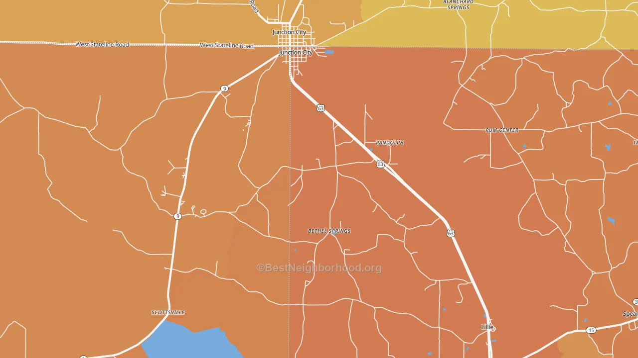 Map of the best neighborhoods in the 71256 area, with better matches in green and worse matches in red
