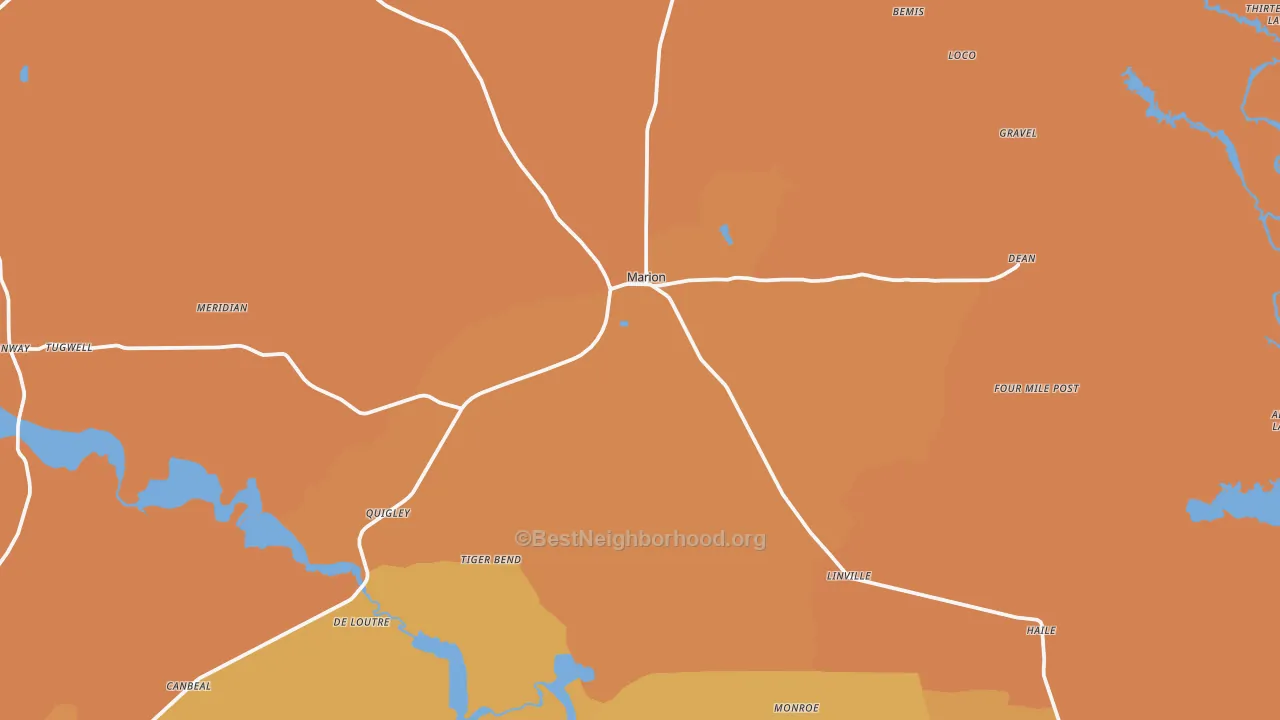 Map of the best neighborhoods in the 71260 area, with better matches in green and worse matches in red