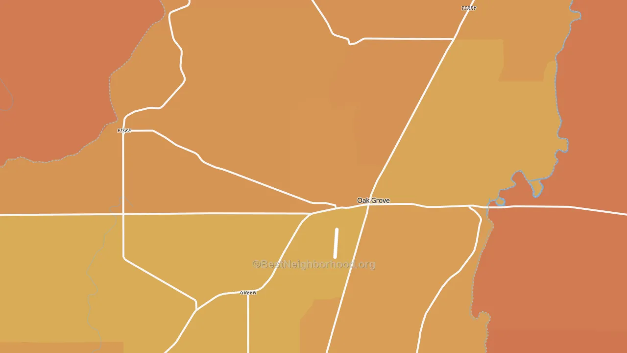 Map of the best neighborhoods in the 71263 area, with better matches in green and worse matches in red