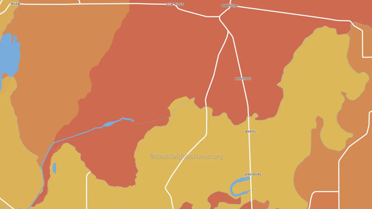 Map of the best neighborhoods in the 71264 area, with better matches in green and worse matches in red