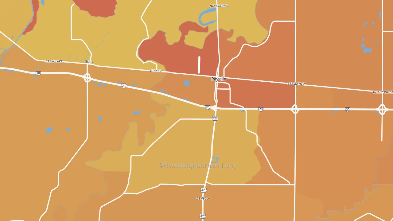 Map of the best neighborhoods in the 71269 area, with better matches in green and worse matches in red