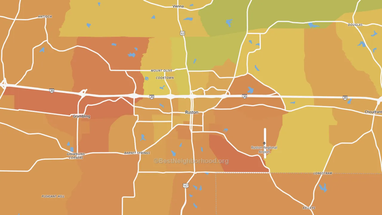 Map of the best neighborhoods in the 71270 area, with better matches in green and worse matches in red