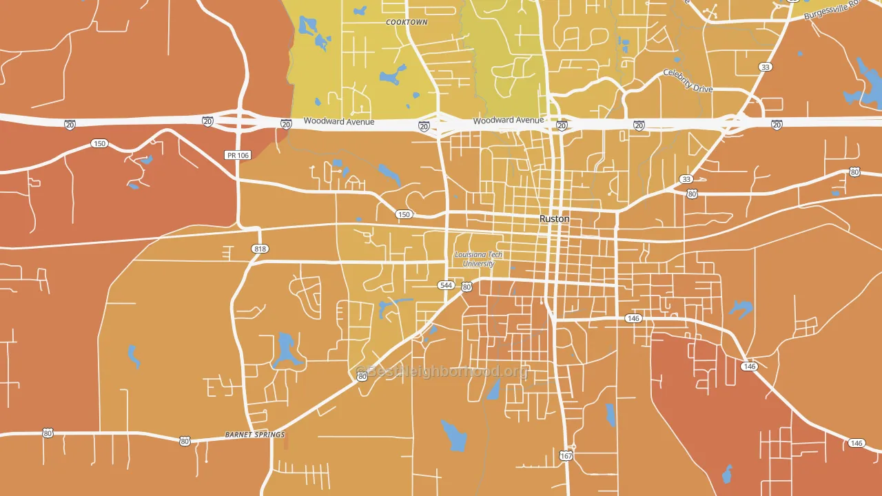 Map of the best neighborhoods in the 71272 area, with better matches in green and worse matches in red