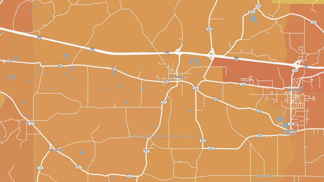 Map of the best neighborhoods in the 71275 area, with better matches in green and worse matches in red