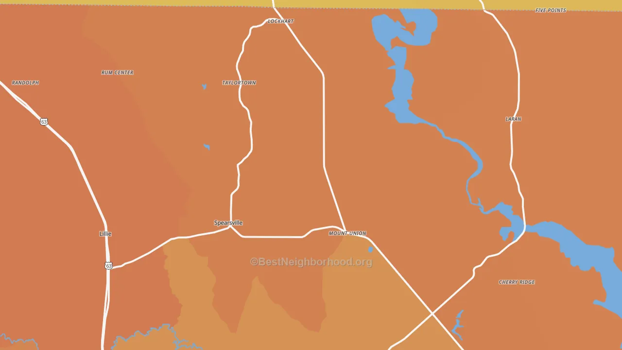 Map of the best neighborhoods in the 71277 area, with better matches in green and worse matches in red