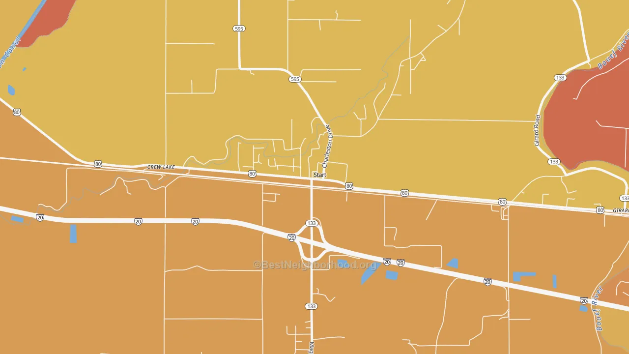 Map of the best neighborhoods in the 71279 area, with better matches in green and worse matches in red