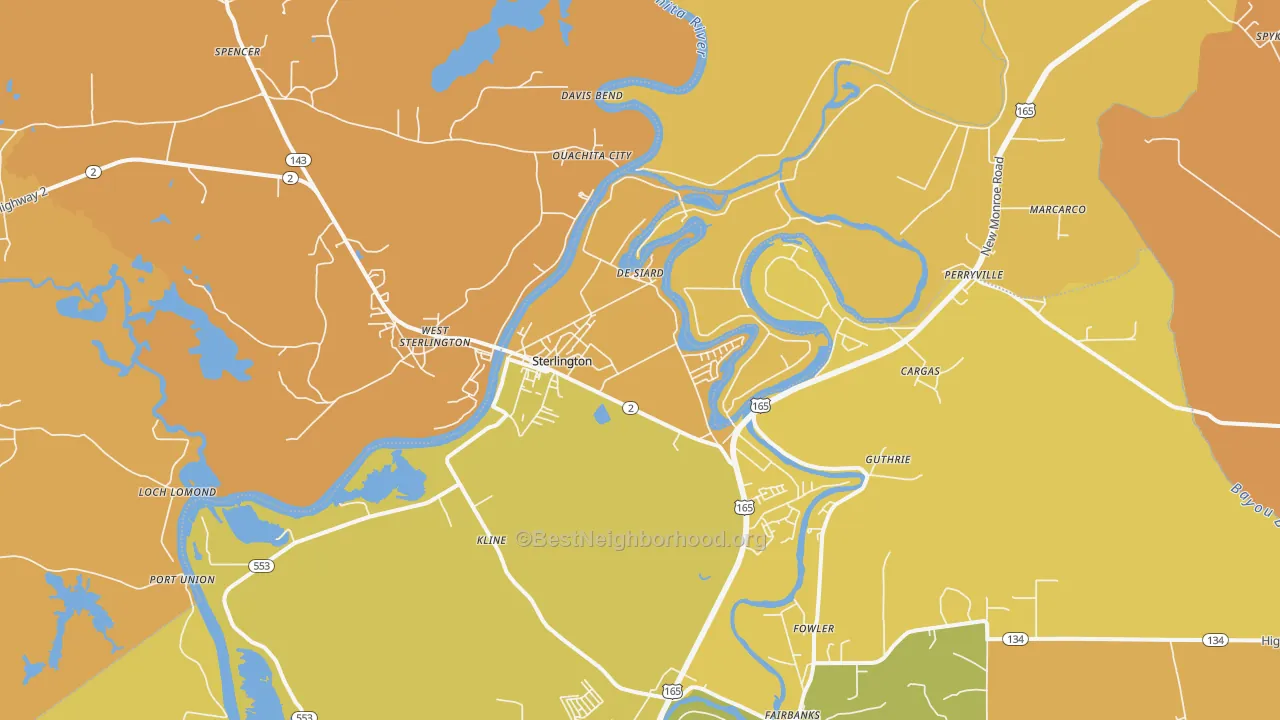 Map of the best neighborhoods in the 71280 area, with better matches in green and worse matches in red