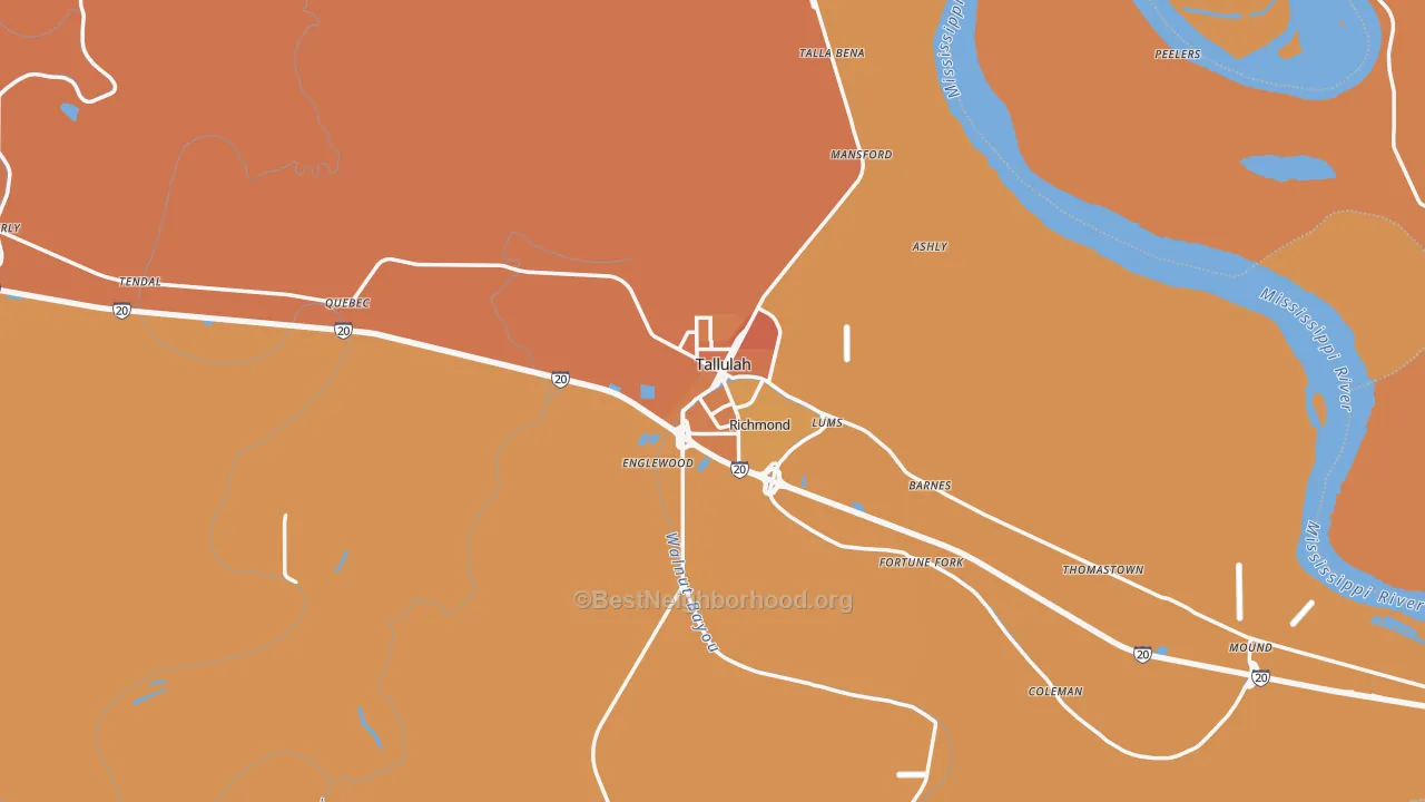 Map of the best neighborhoods in the 71282 area, with better matches in green and worse matches in red