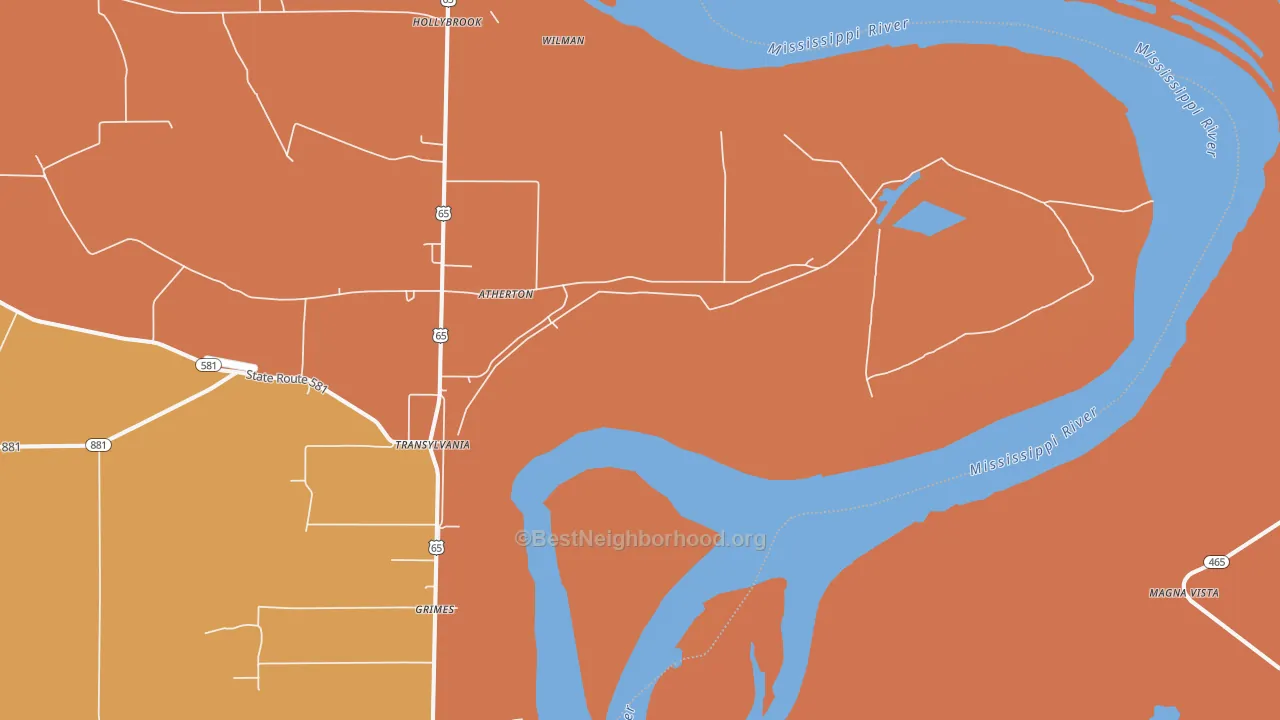 Map of the best neighborhoods in the 71286 area, with better matches in green and worse matches in red