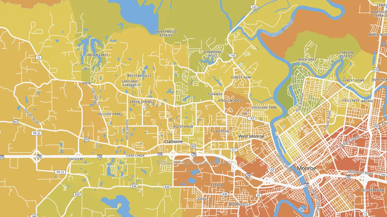 Map of the best neighborhoods in the 71291 area, with better matches in green and worse matches in red