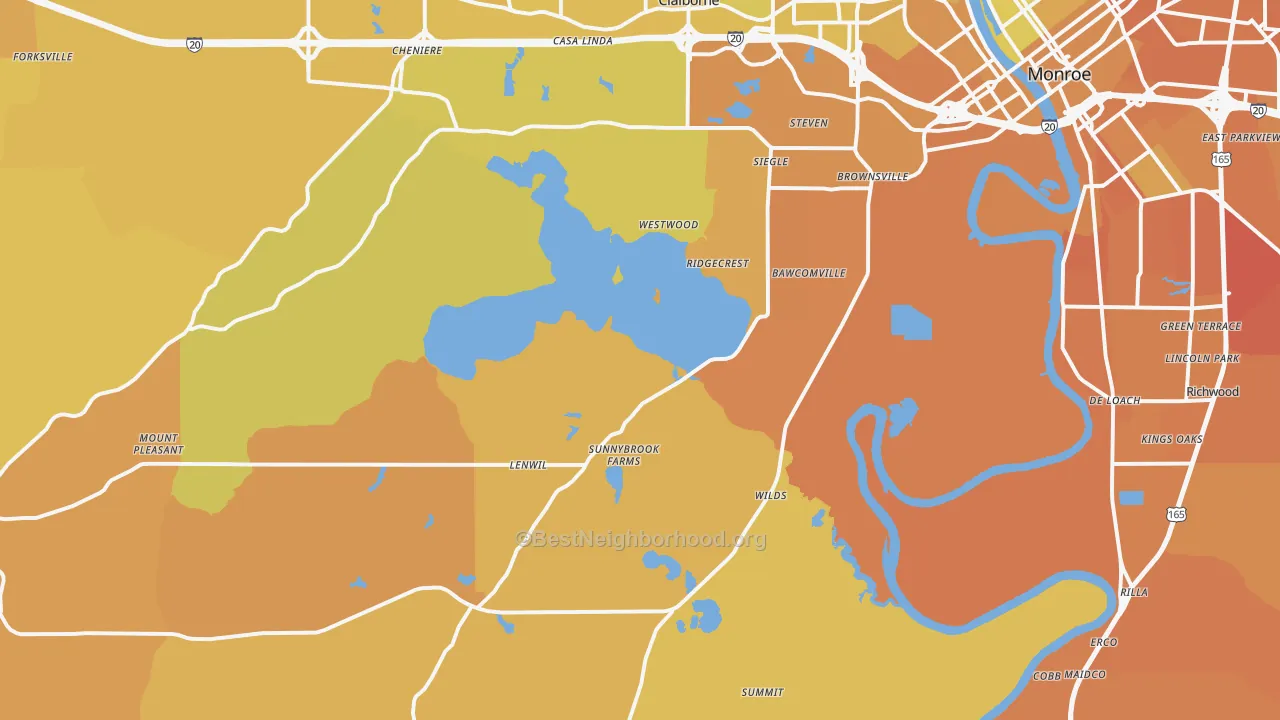Map of the best neighborhoods in the 71292 area, with better matches in green and worse matches in red