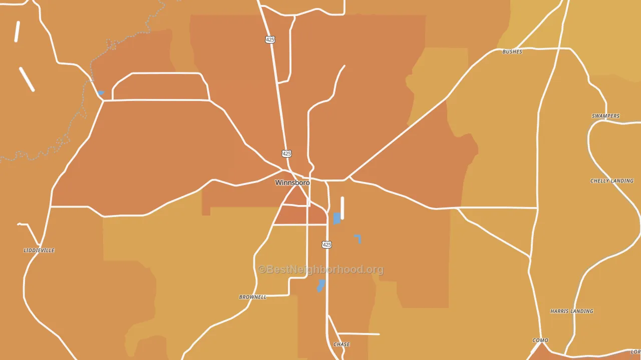Map of the best neighborhoods in the 71295 area, with better matches in green and worse matches in red