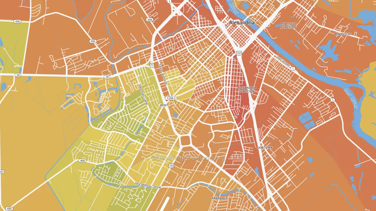 Map of the best neighborhoods in the 71301 area, with better matches in green and worse matches in red