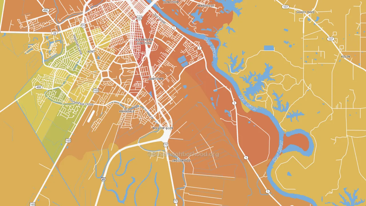 Map of the best neighborhoods in the 71302 area, with better matches in green and worse matches in red