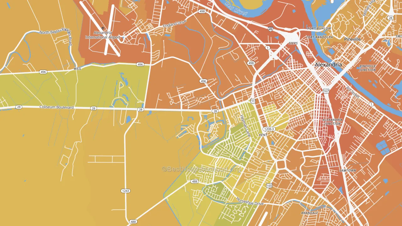 Map of the best neighborhoods in the 71303 area, with better matches in green and worse matches in red