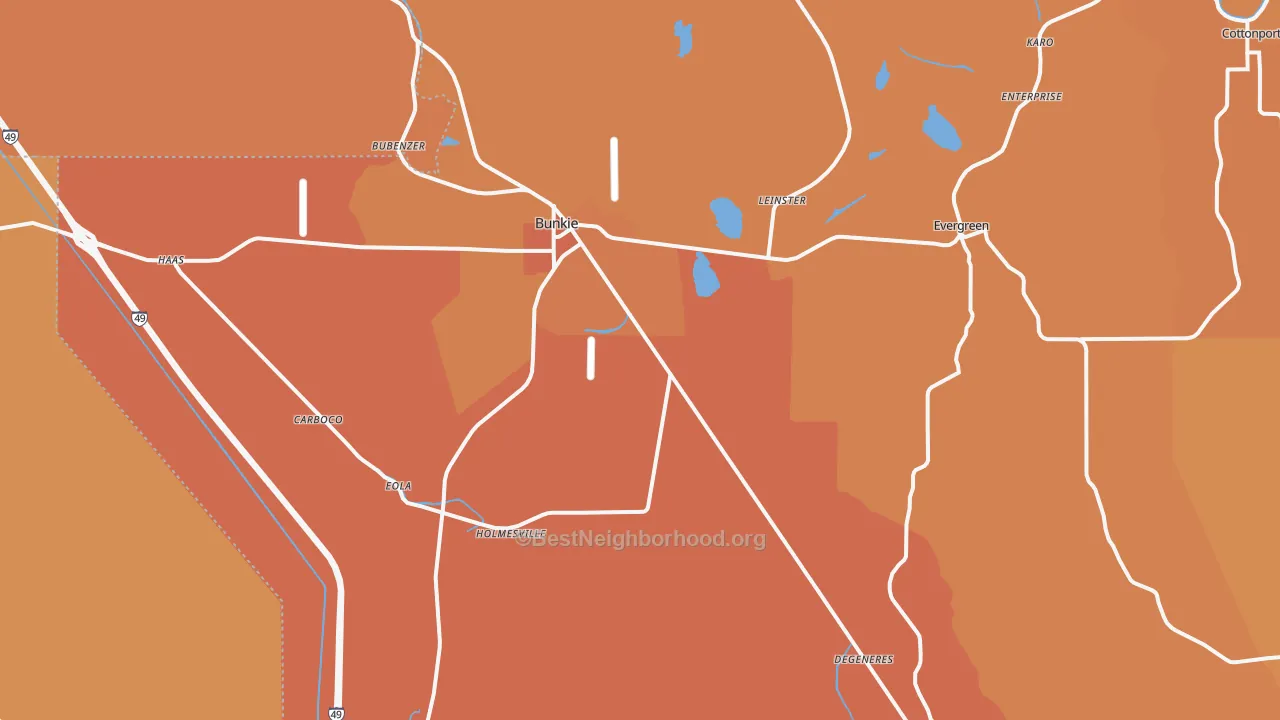 Map of the best neighborhoods in the 71322 area, with better matches in green and worse matches in red