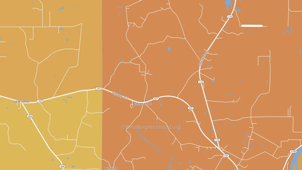 Map of the best neighborhoods in the 71323 area, with better matches in green and worse matches in red
