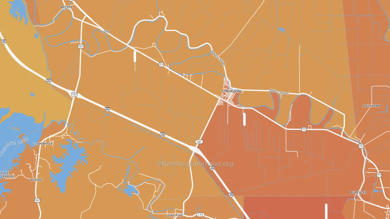 Map of the best neighborhoods in the 71325 area, with better matches in green and worse matches in red